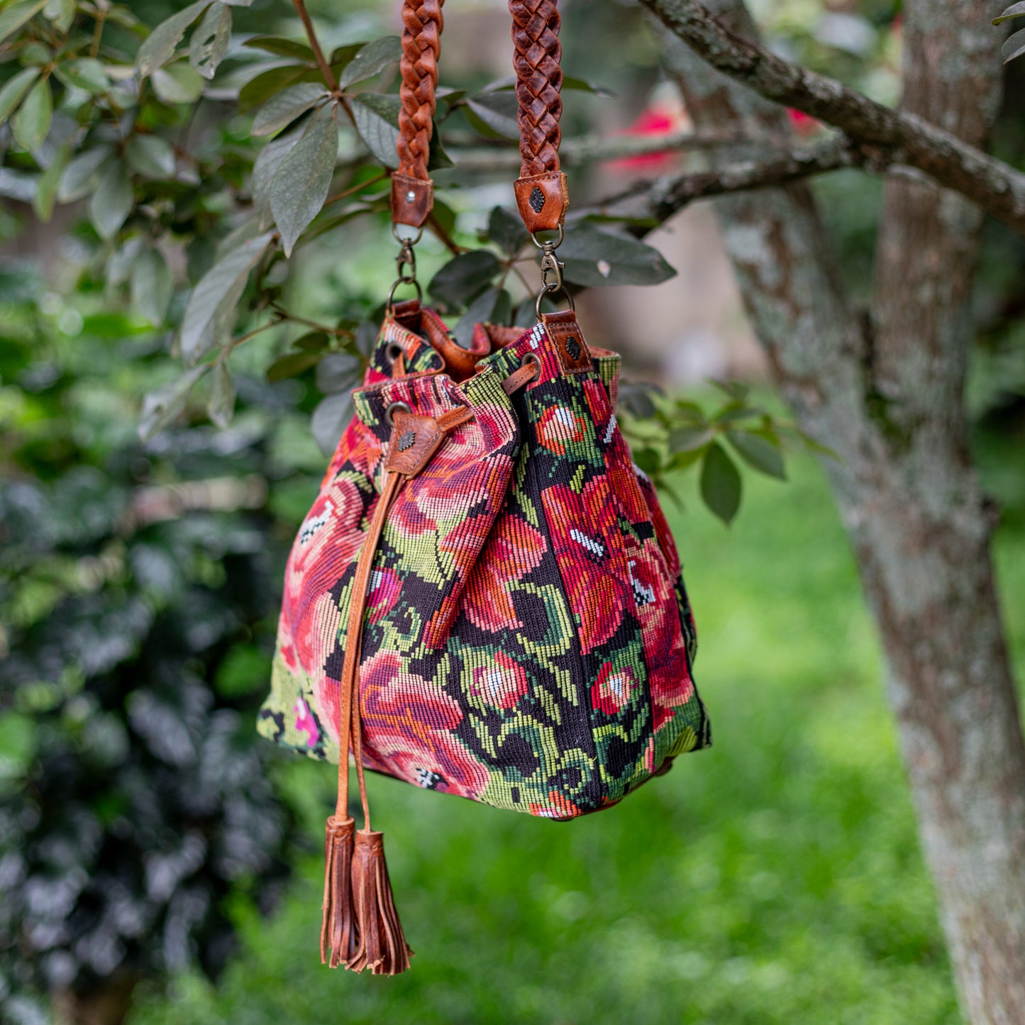 DRAWSTRING BUCKET BAG - OOAK HUIPIL - HONEY - NO. 17709