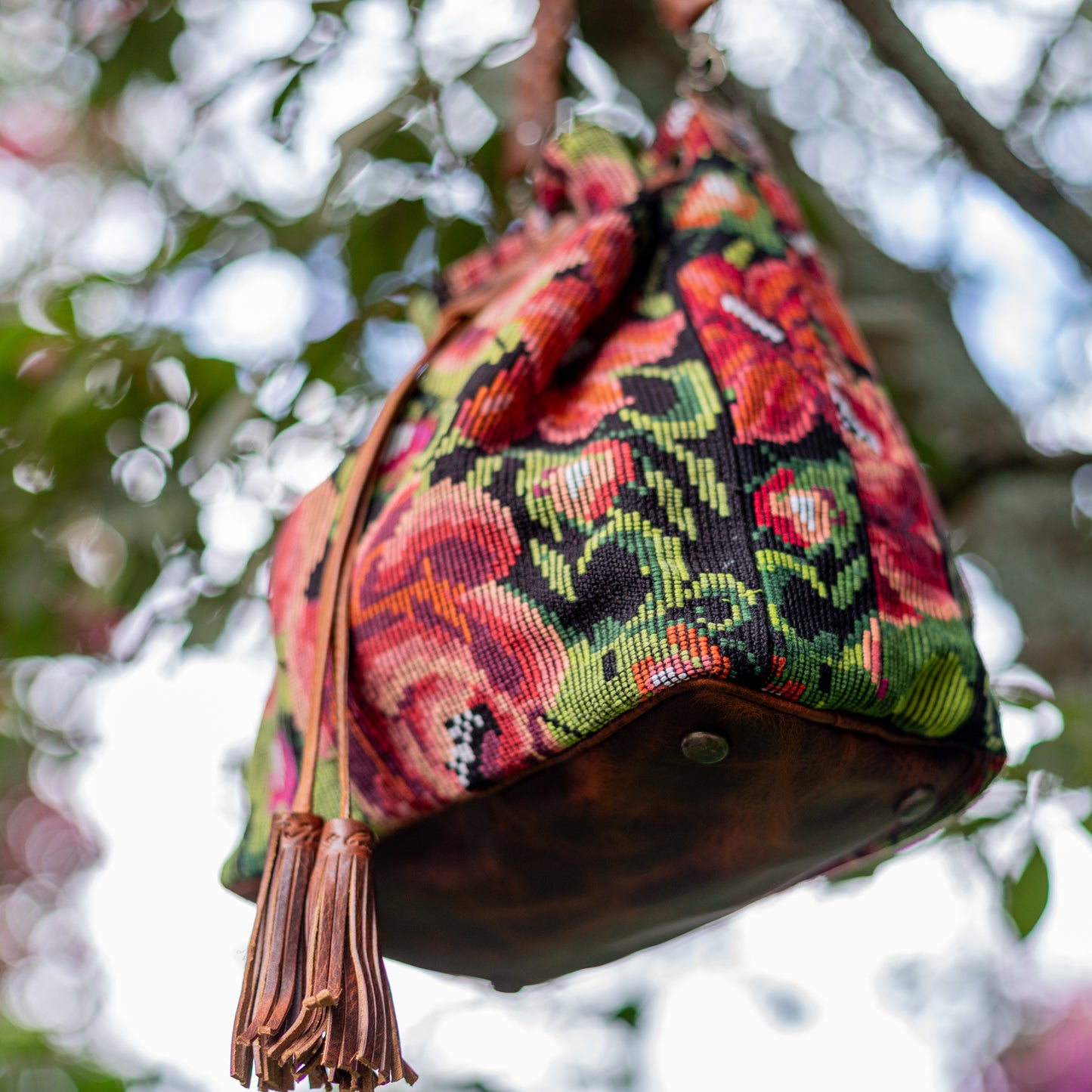 DRAWSTRING BUCKET BAG - OOAK HUIPIL - HONEY - NO. 17709