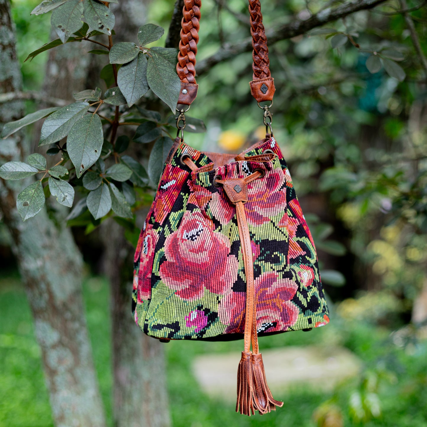 DRAWSTRING BUCKET BAG - OOAK HUIPIL - HONEY - NO. 17709