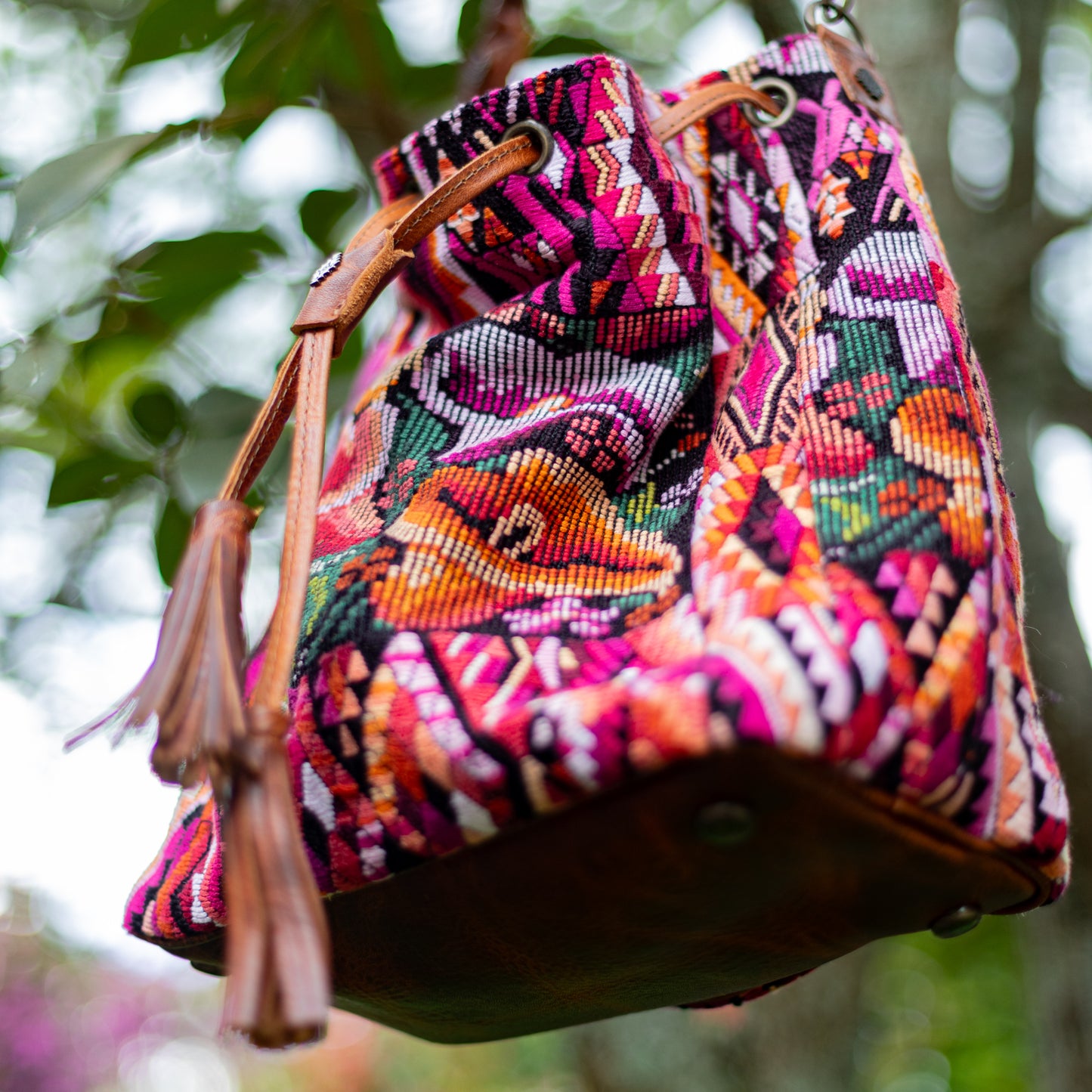 DRAWSTRING BUCKET BAG - OOAK HUIPIL - HONEY - NO. 17703
