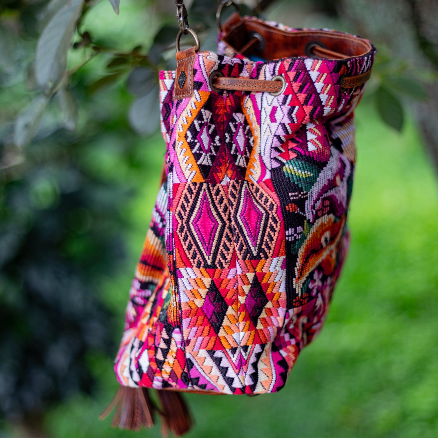 DRAWSTRING BUCKET BAG - OOAK HUIPIL - HONEY - NO. 17703