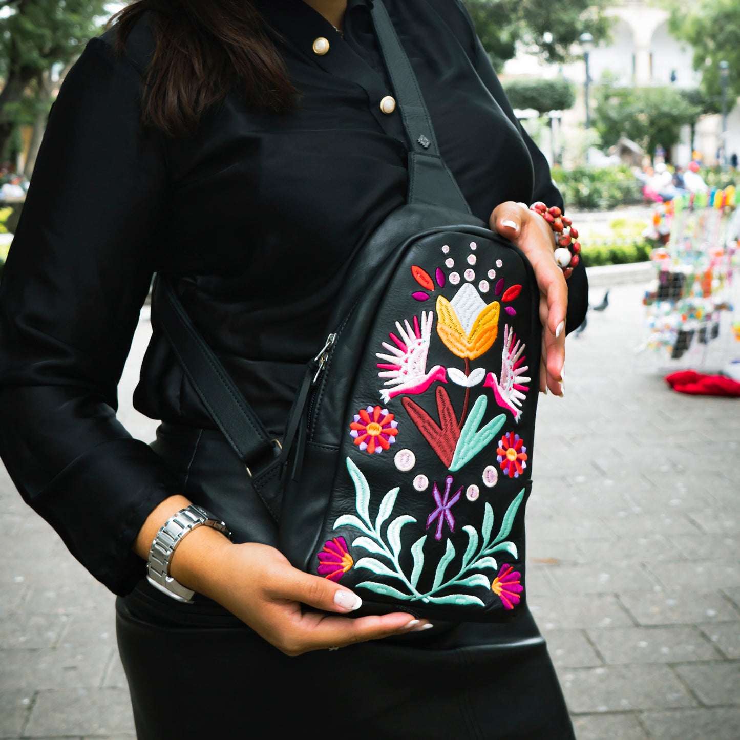 CROSSBODY SLING - 10 YEAR ANNIVERSARY - EMBROIDERED LEATHER IN PINK - BLACK
