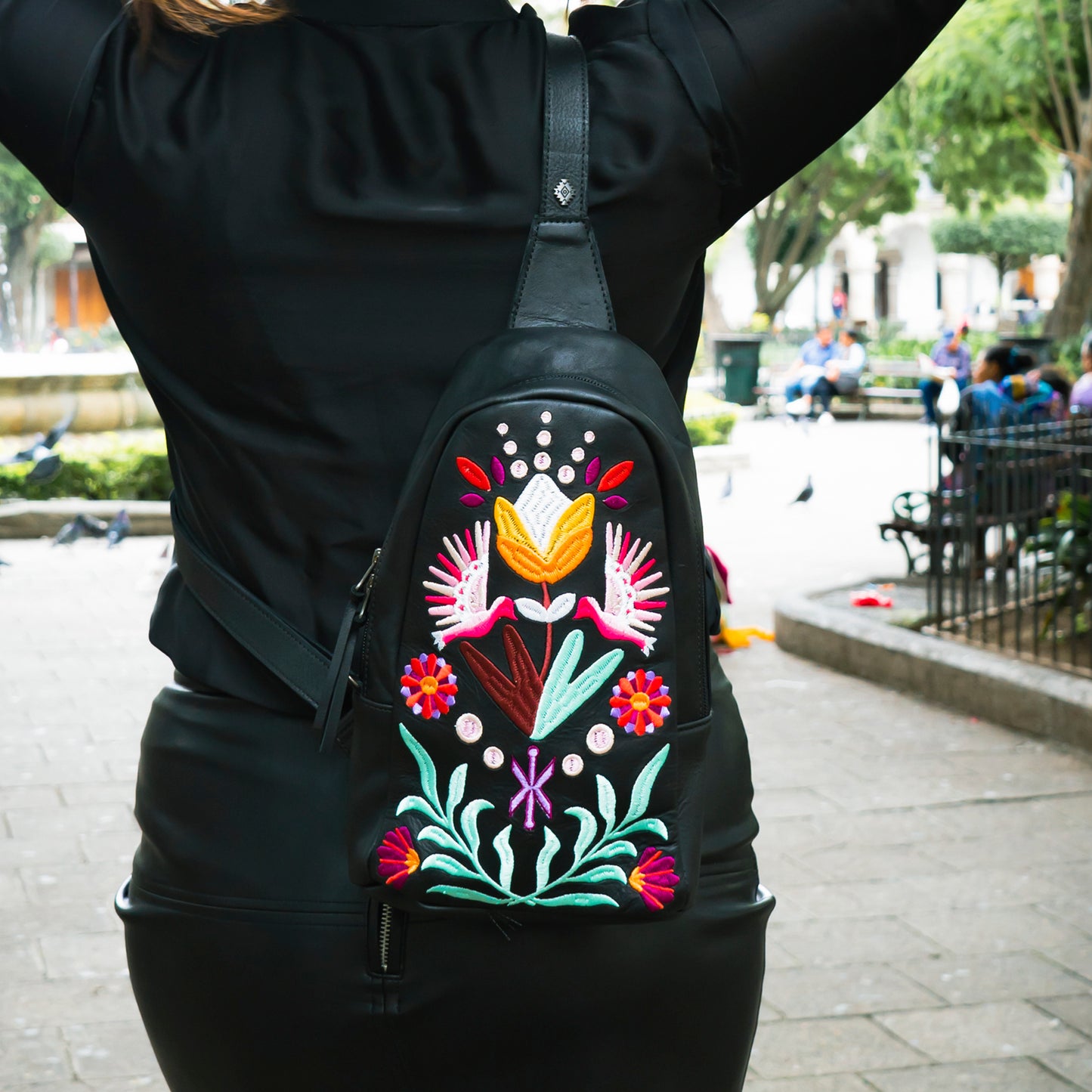 CROSSBODY SLING - 10 YEAR ANNIVERSARY - EMBROIDERED LEATHER IN PINK - BLACK