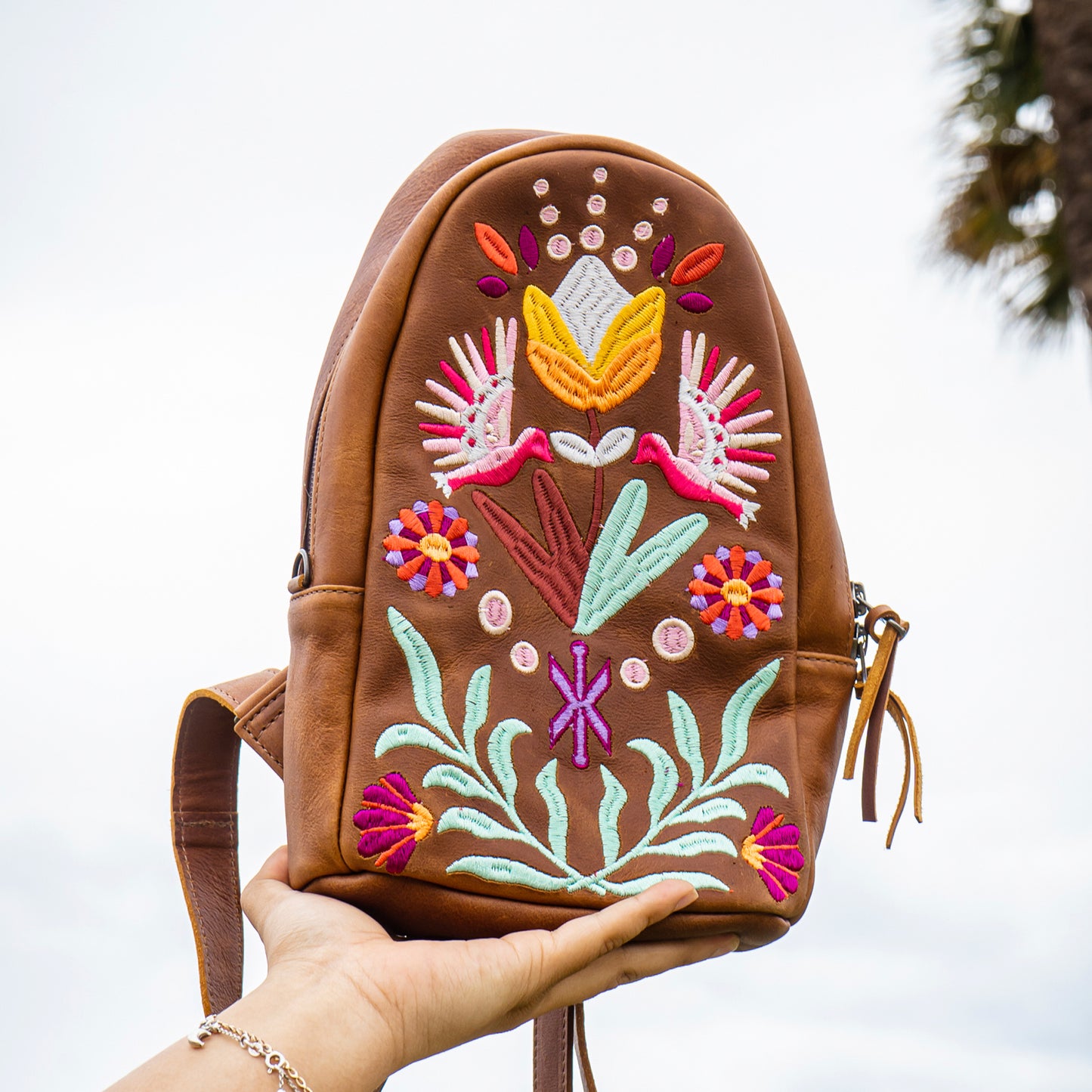 CROSSBODY SLING - 10 YEAR ANNIVERSARY - EMBROIDERED LEATHER IN PINK - CAFE