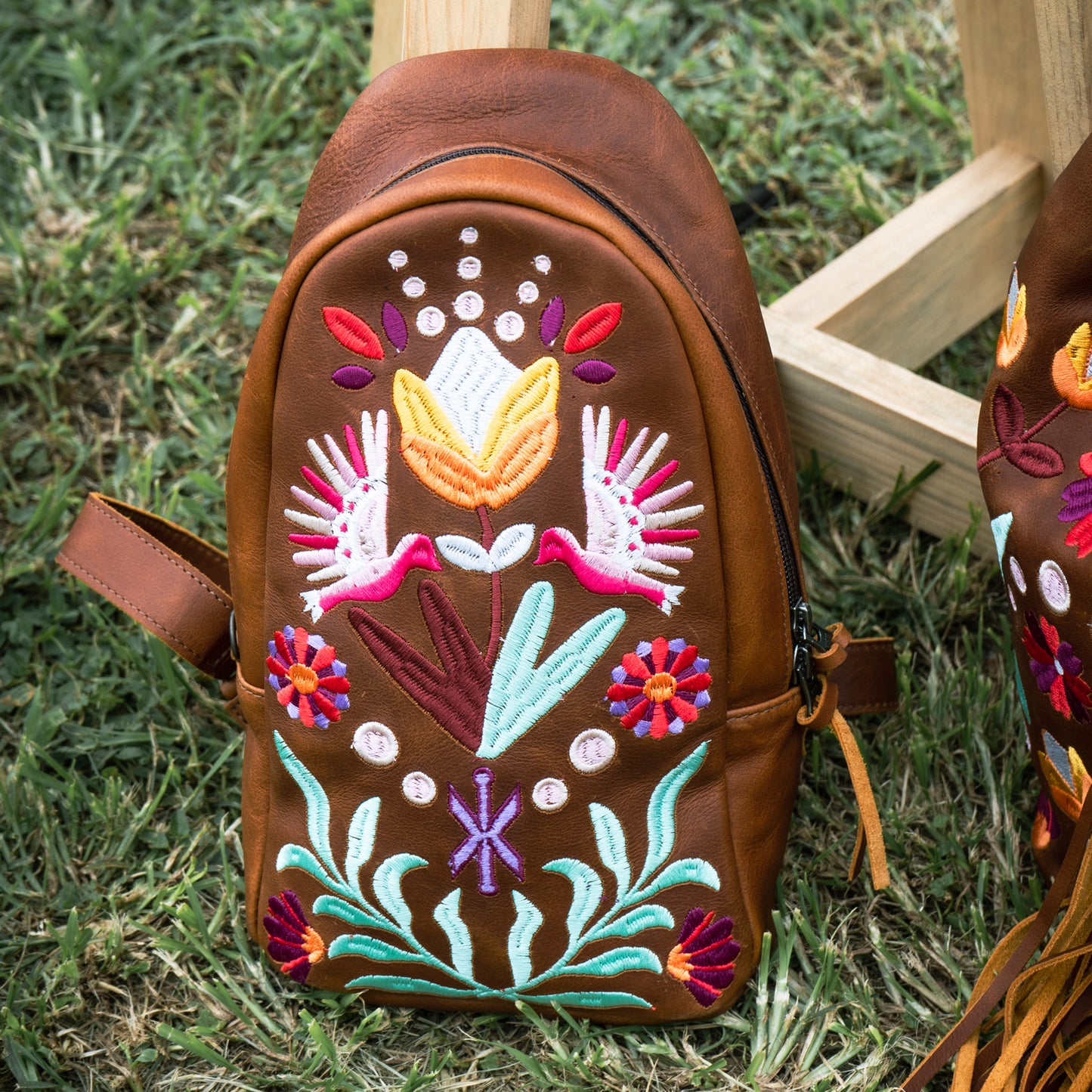CROSSBODY SLING - 10 YEAR ANNIVERSARY - EMBROIDERED LEATHER IN PINK - CAFE