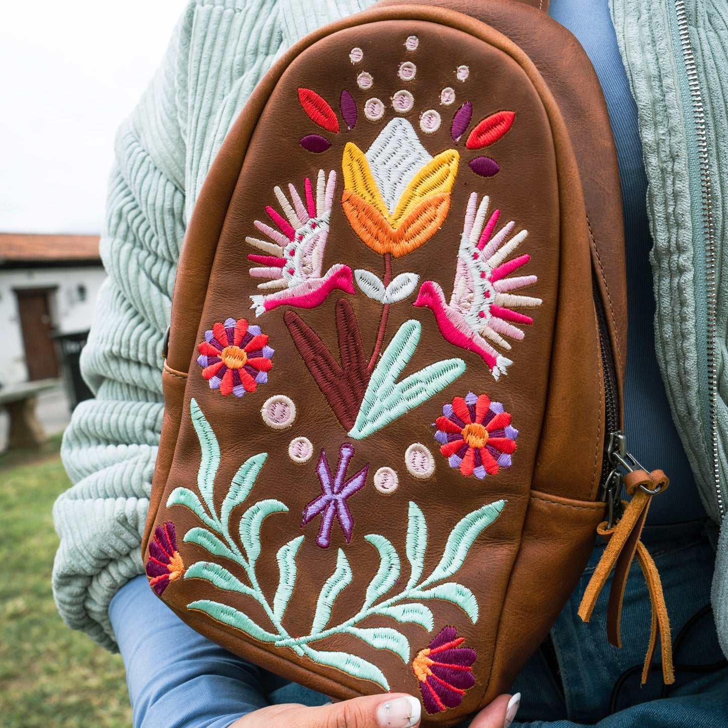 CROSSBODY SLING - 10 YEAR ANNIVERSARY - EMBROIDERED LEATHER IN PINK - CAFE