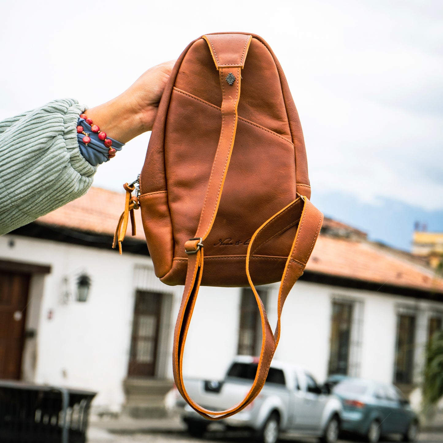 CROSSBODY SLING - 10 YEAR ANNIVERSARY - EMBROIDERED LEATHER IN PINK - CAFE
