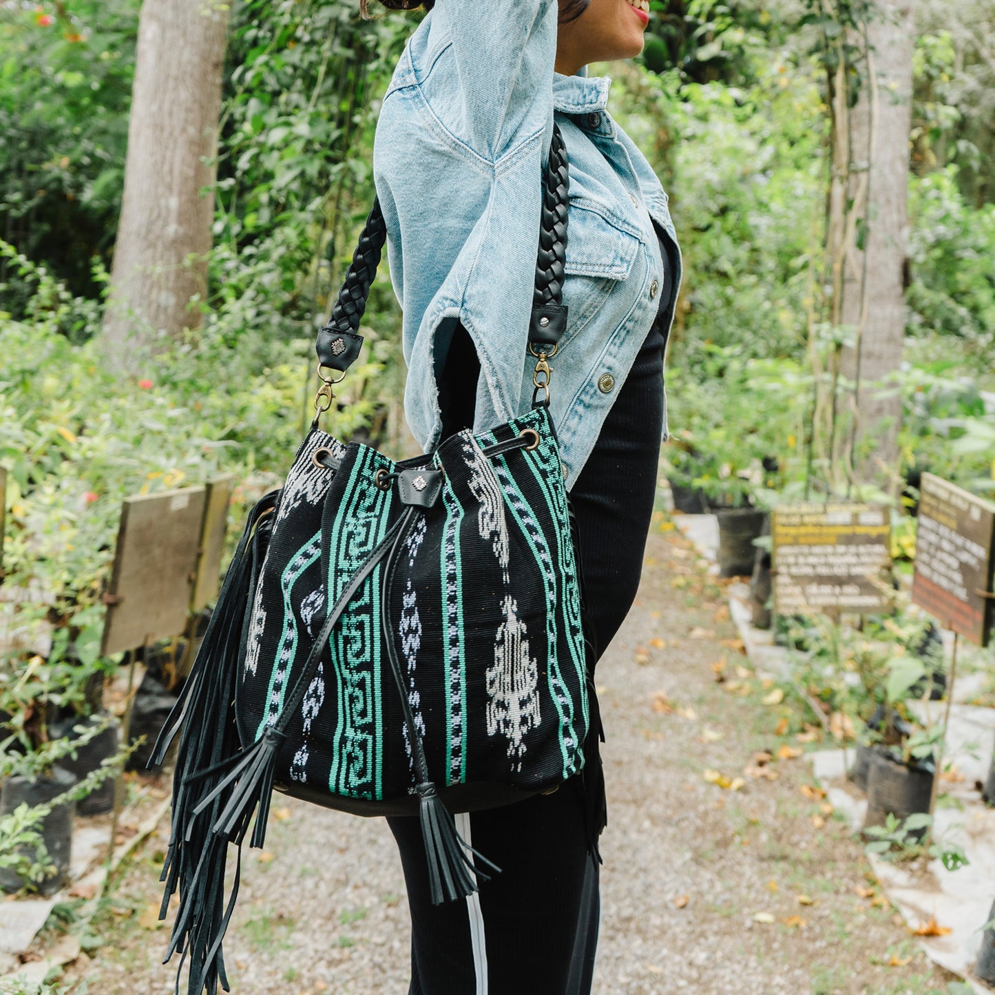 DRAWSTRING BUCKET BAG WITH FRINGE - MIDNIGHT MINT - BLACK