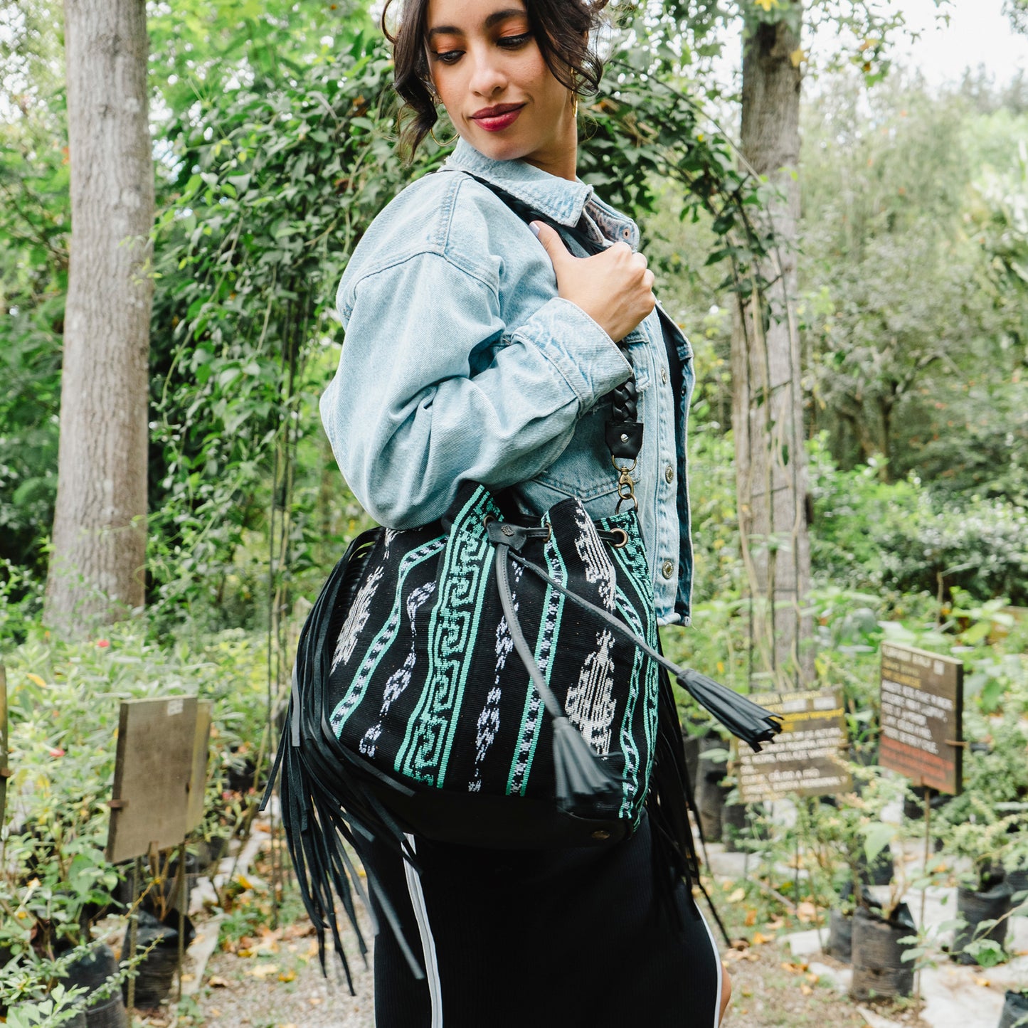 DRAWSTRING BUCKET BAG WITH FRINGE - MIDNIGHT MINT - BLACK