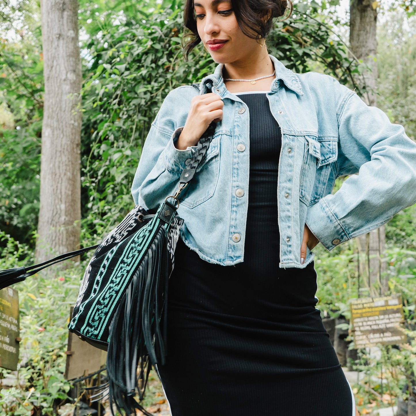 DRAWSTRING BUCKET BAG WITH FRINGE - MIDNIGHT MINT - BLACK