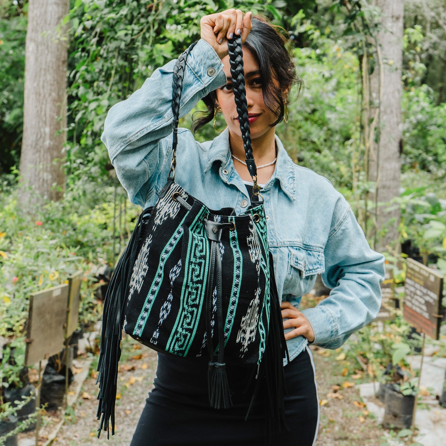 DRAWSTRING BUCKET BAG WITH FRINGE - MIDNIGHT MINT - BLACK