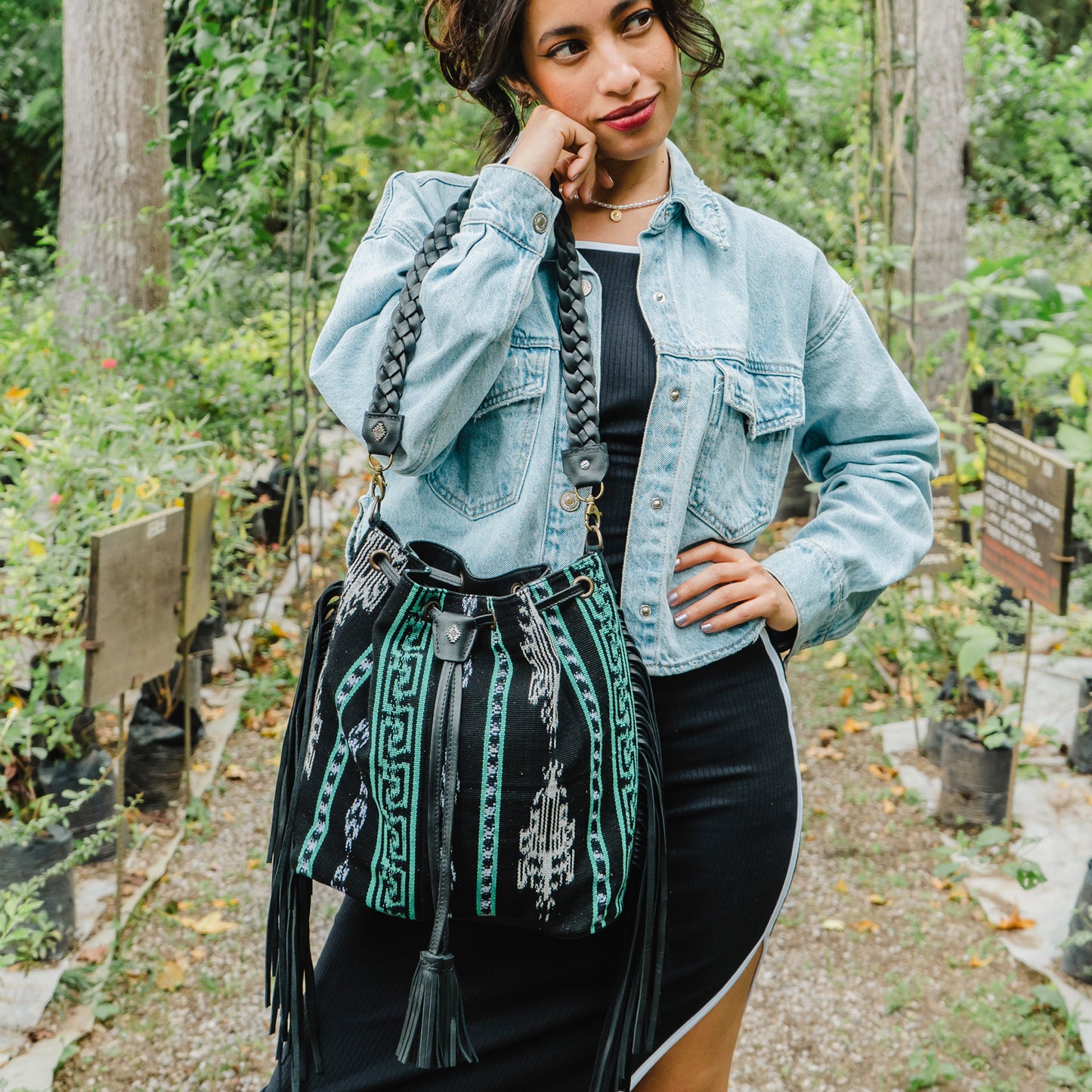 DRAWSTRING BUCKET BAG WITH FRINGE - MIDNIGHT MINT - BLACK