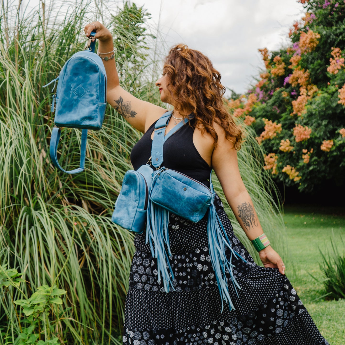 DIAMANTE FRINGE TASSEL - CERULEAN LEATHER - SET OF 2