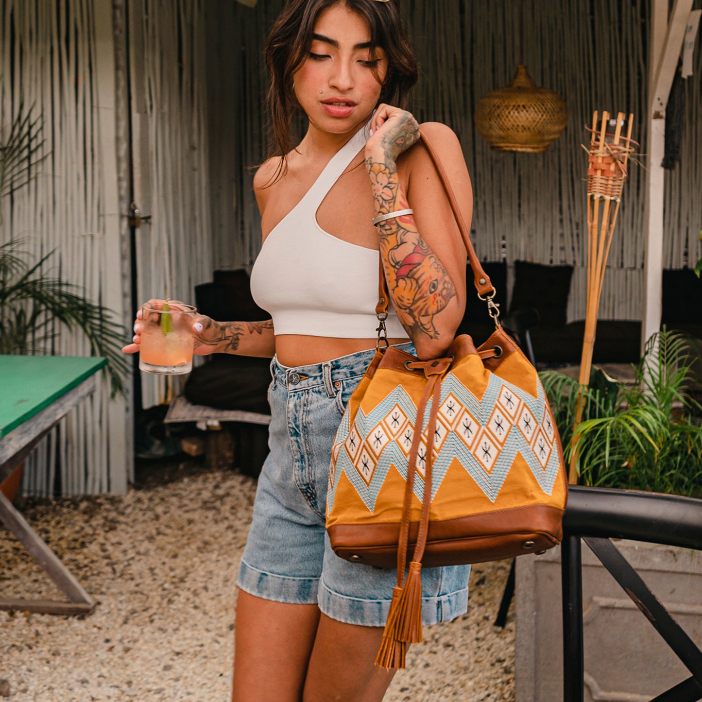DRAWSTRING BUCKET BAG - 10 YEAR ANNIVERSARY - MACHINE EMBROIDERED ON WOVEN FABRIC IN MUSTARD - CAFE