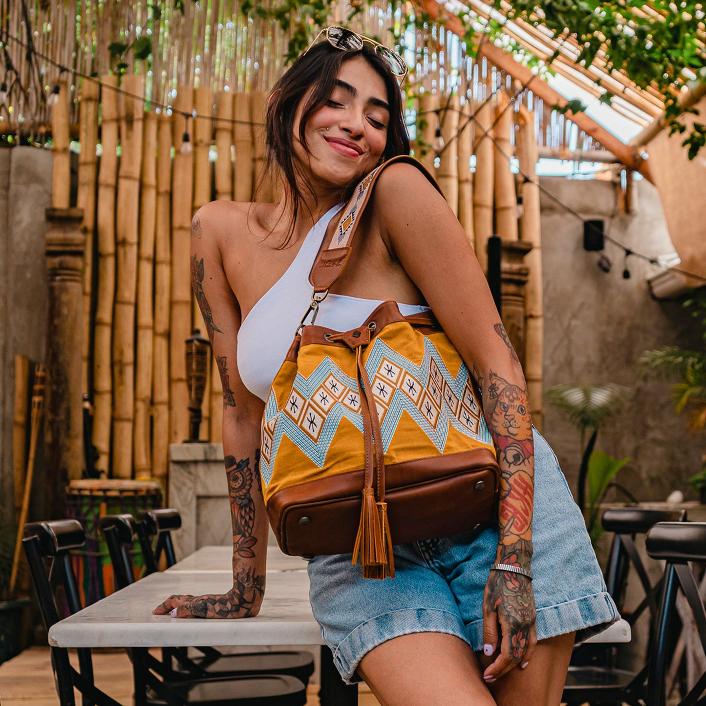 DRAWSTRING BUCKET BAG - 10 YEAR ANNIVERSARY - MACHINE EMBROIDERED ON WOVEN FABRIC IN MUSTARD - CAFE