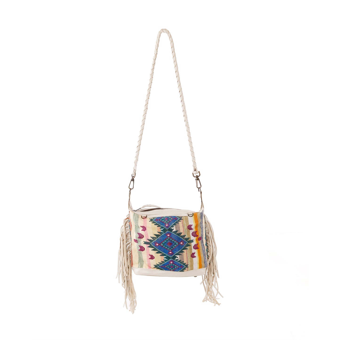 H&S BEATRIZ MINI CONVERTIBLE DAY BAG WITH FRINGE - OOAK PANEL - BONE - NO. 12867