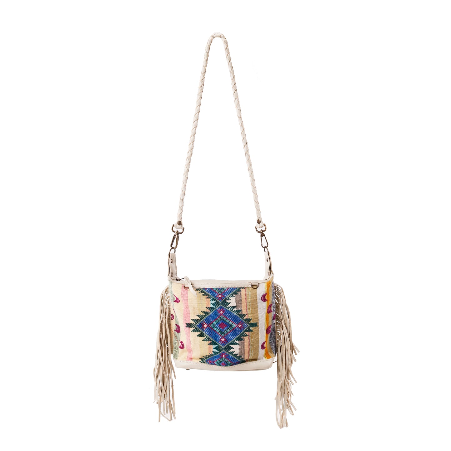 H&S BEATRIZ MINI CONVERTIBLE DAY BAG WITH FRINGE - OOAK PANEL - BONE - NO. 12891