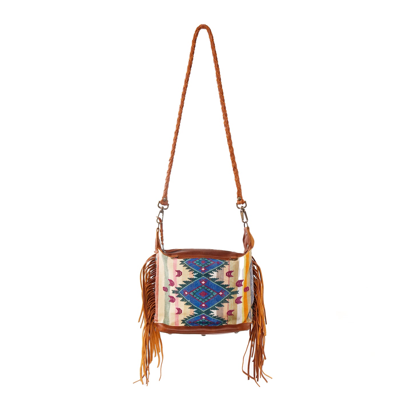 H&S BEATRIZ MINI CONVERTIBLE DAY BAG WITH FRINGE - OOAK PANEL - CAFE - NO. 12874