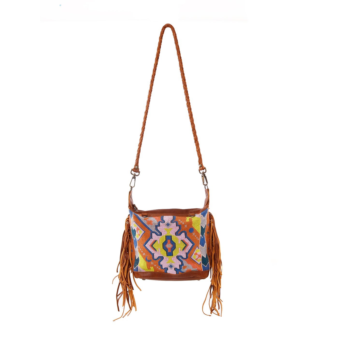 H&S BEATRIZ MINI CONVERTIBLE DAY BAG WITH FRINGE - OOAK PANEL - CAFE - NO. 12877