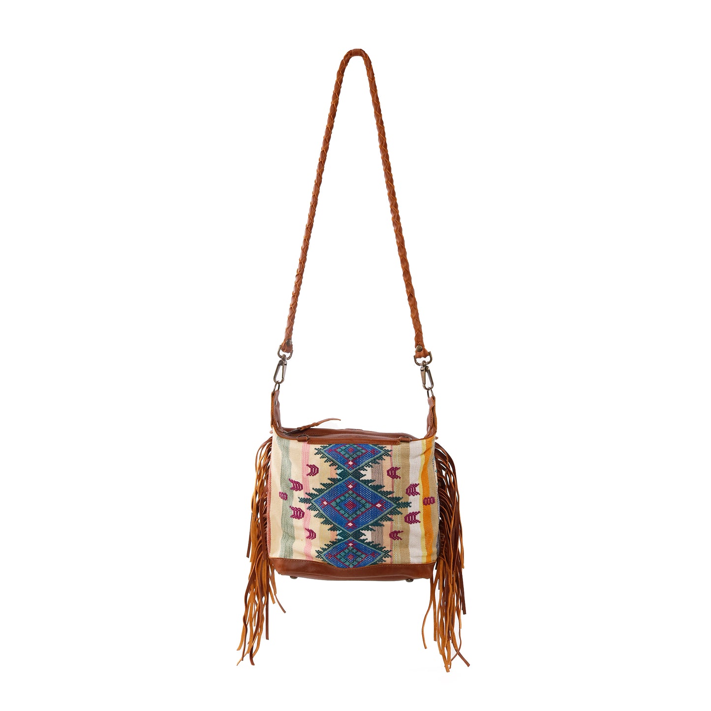 H&S BEATRIZ MINI CONVERTIBLE DAY BAG WITH FRINGE - OOAK PANEL - CAFE - NO. 12878