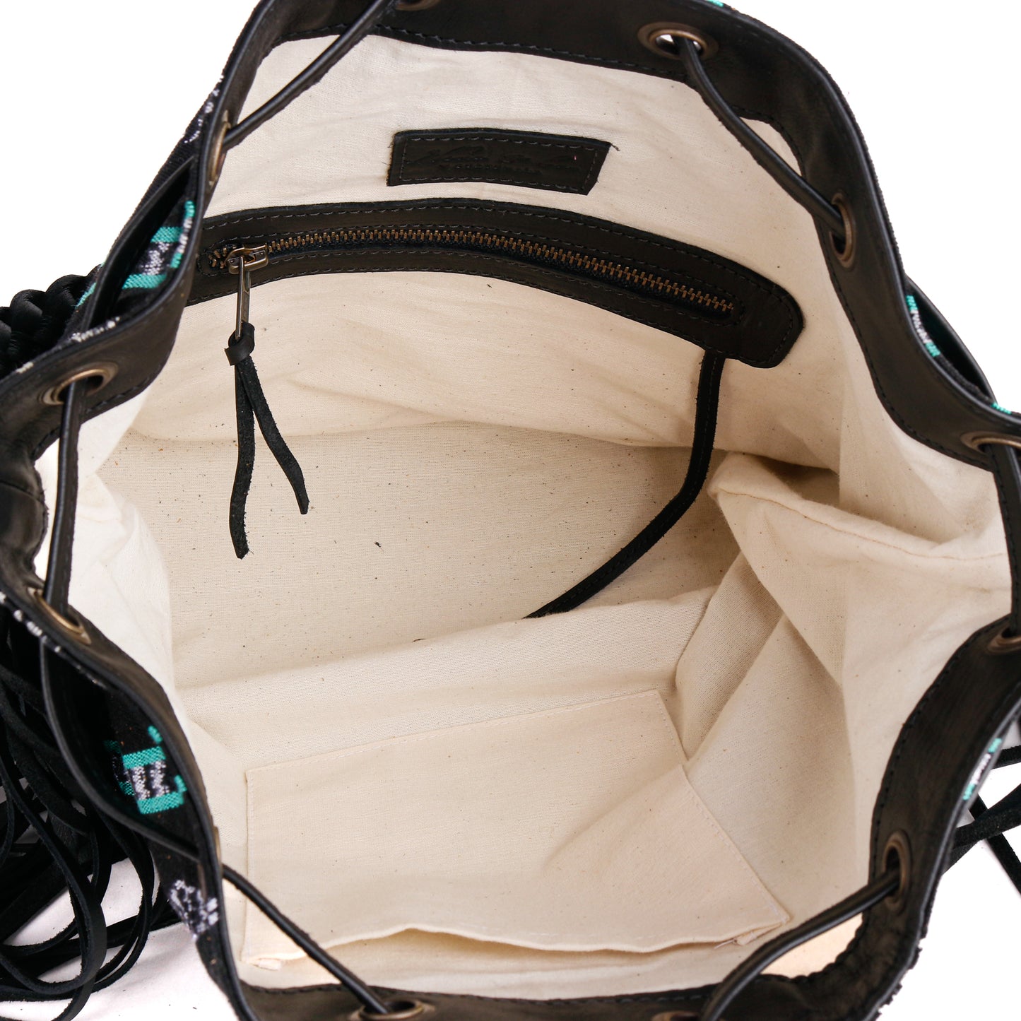 DRAWSTRING BUCKET BAG WITH FRINGE - MIDNIGHT MINT - BLACK