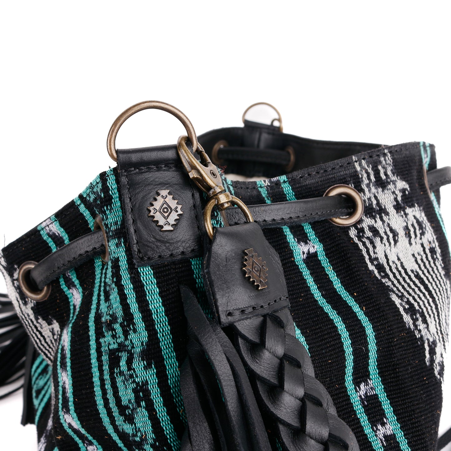 DRAWSTRING BUCKET BAG WITH FRINGE - MIDNIGHT MINT - BLACK