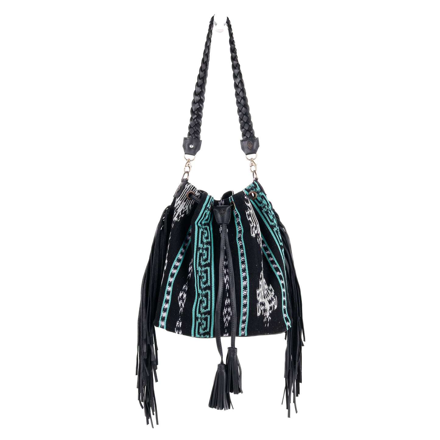 DRAWSTRING BUCKET BAG WITH FRINGE - MIDNIGHT MINT - BLACK