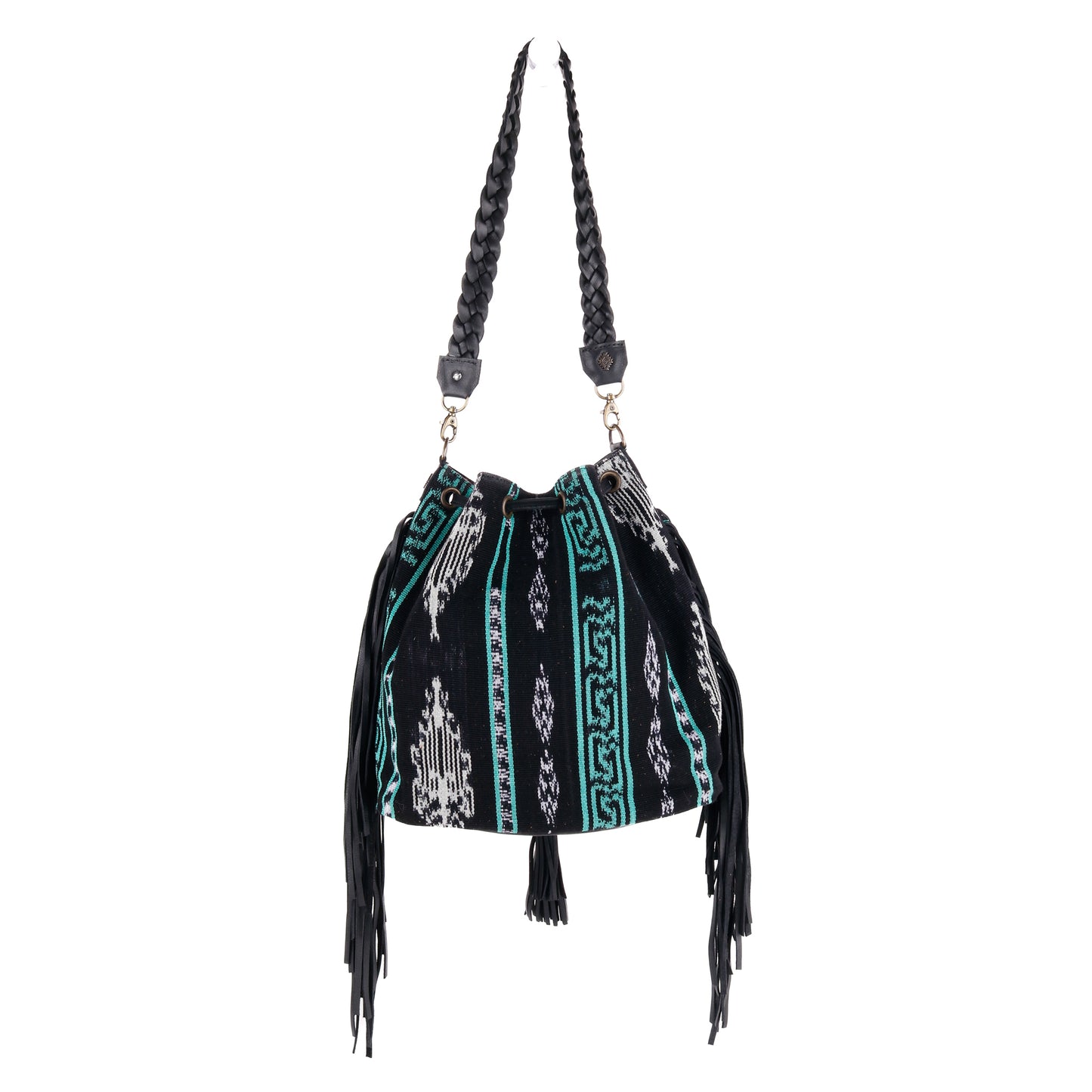 DRAWSTRING BUCKET BAG WITH FRINGE - MIDNIGHT MINT - BLACK