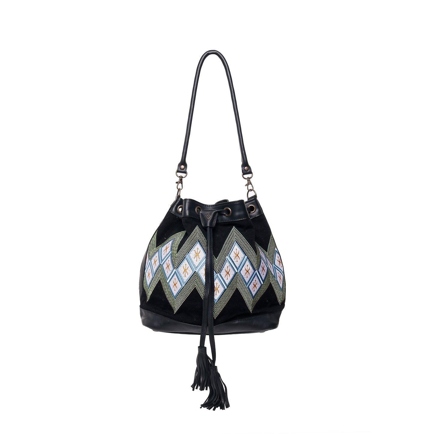 DRAWSTRING BUCKET BAG - 10 YEAR ANNIVERSARY - MACHINE EMBROIDERED ON WOVEN FABRIC IN BLACK - BLACK