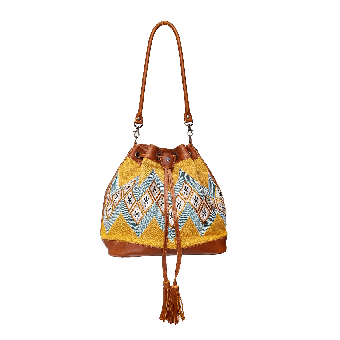 DRAWSTRING BUCKET BAG - 10 YEAR ANNIVERSARY - MACHINE EMBROIDERED ON WOVEN FABRIC IN MUSTARD - CAFE