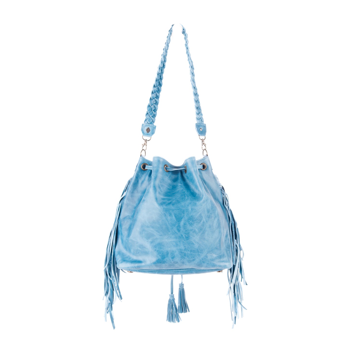 DRAWSTRING BUCKET BAG WITH FRINGE - OOAK CORTE DE PLAYA - CERULEAN - NO. 10279