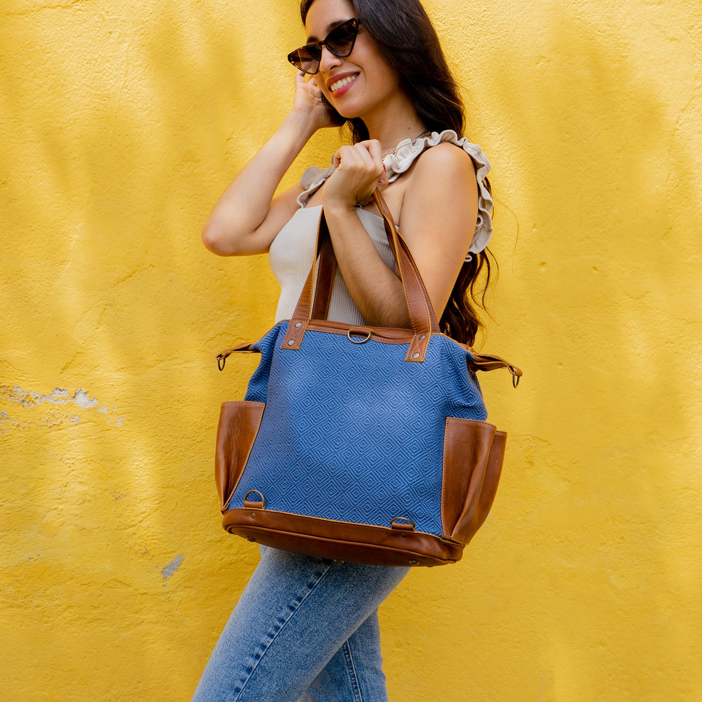 OG REVIVAL MEDIUM CONVERTIBLE DAY BAG - NAVY SUNSET - CAFE LEATHER