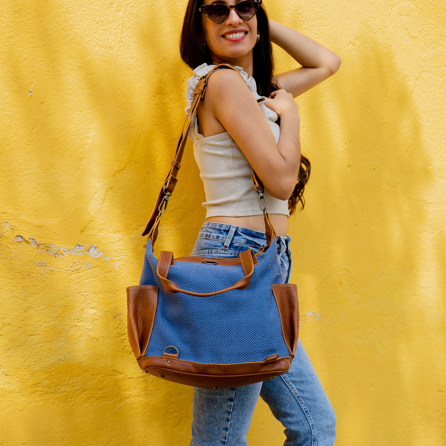 OG REVIVAL MEDIUM CONVERTIBLE DAY BAG - NAVY SUNSET - CAFE LEATHER