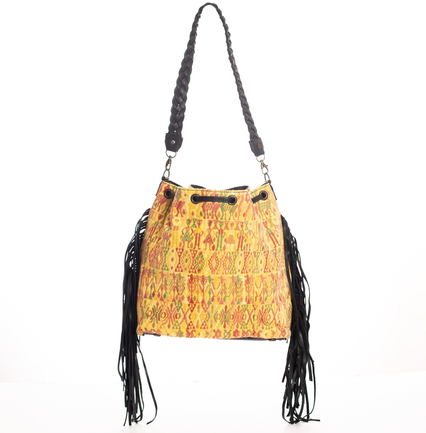 **CLOSEOUT** DRAWSTRING FRINGE BUCKET BAG - OOAK HUIPIL - BLACK - NO. 24152