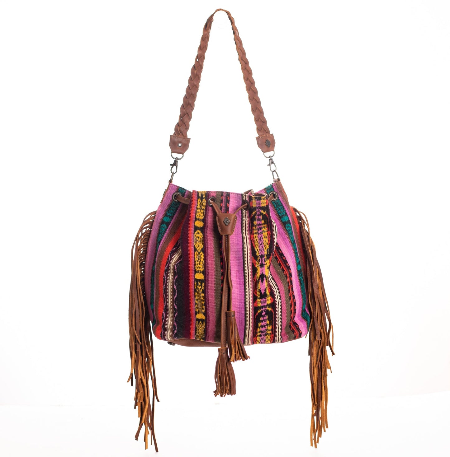 DRAWSTRING BUCKET BAG WITH FRINGE - OOAK CORTE DE PLAYA - CAFE - NO. 28080
