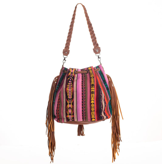 DRAWSTRING BUCKET BAG WITH FRINGE - CORTE DE PLAYA - CAFE - NO. 28080