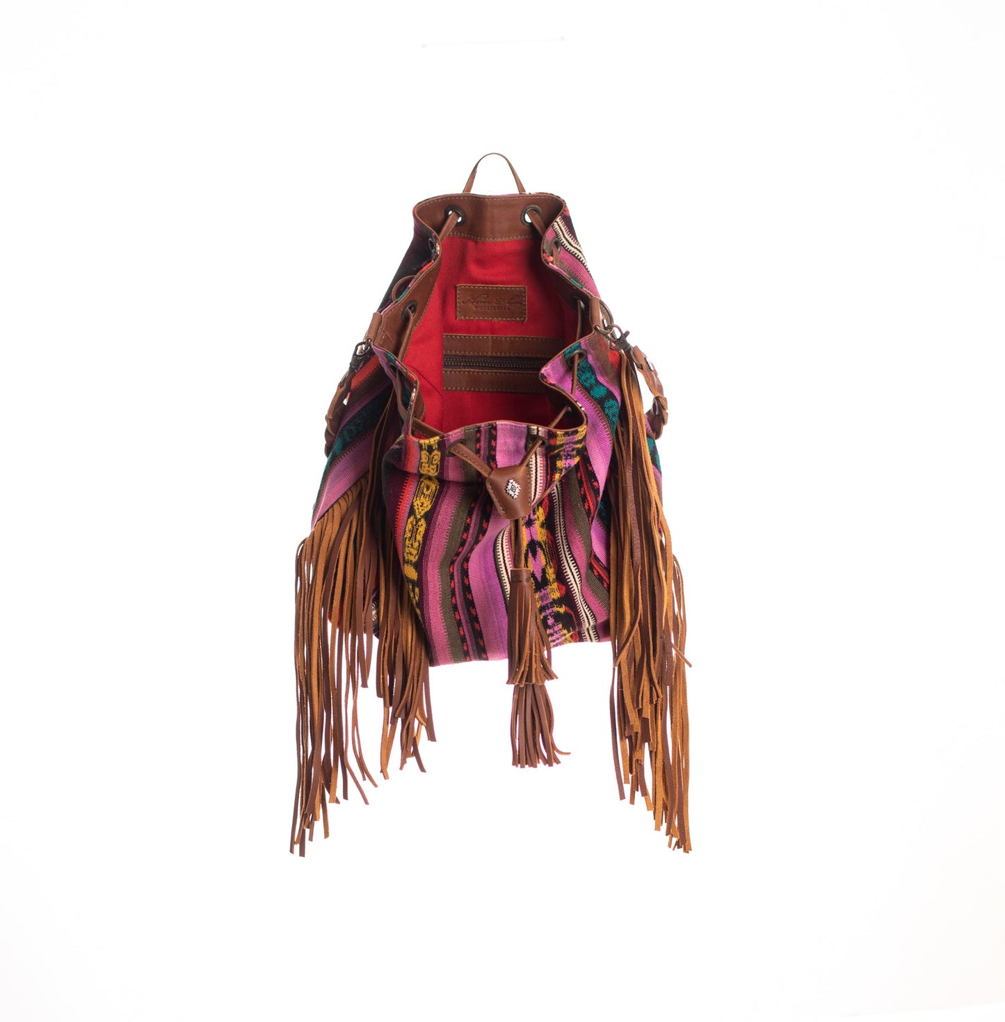 DRAWSTRING BUCKET BAG WITH FRINGE - OOAK CORTE DE PLAYA - CAFE - NO. 28080