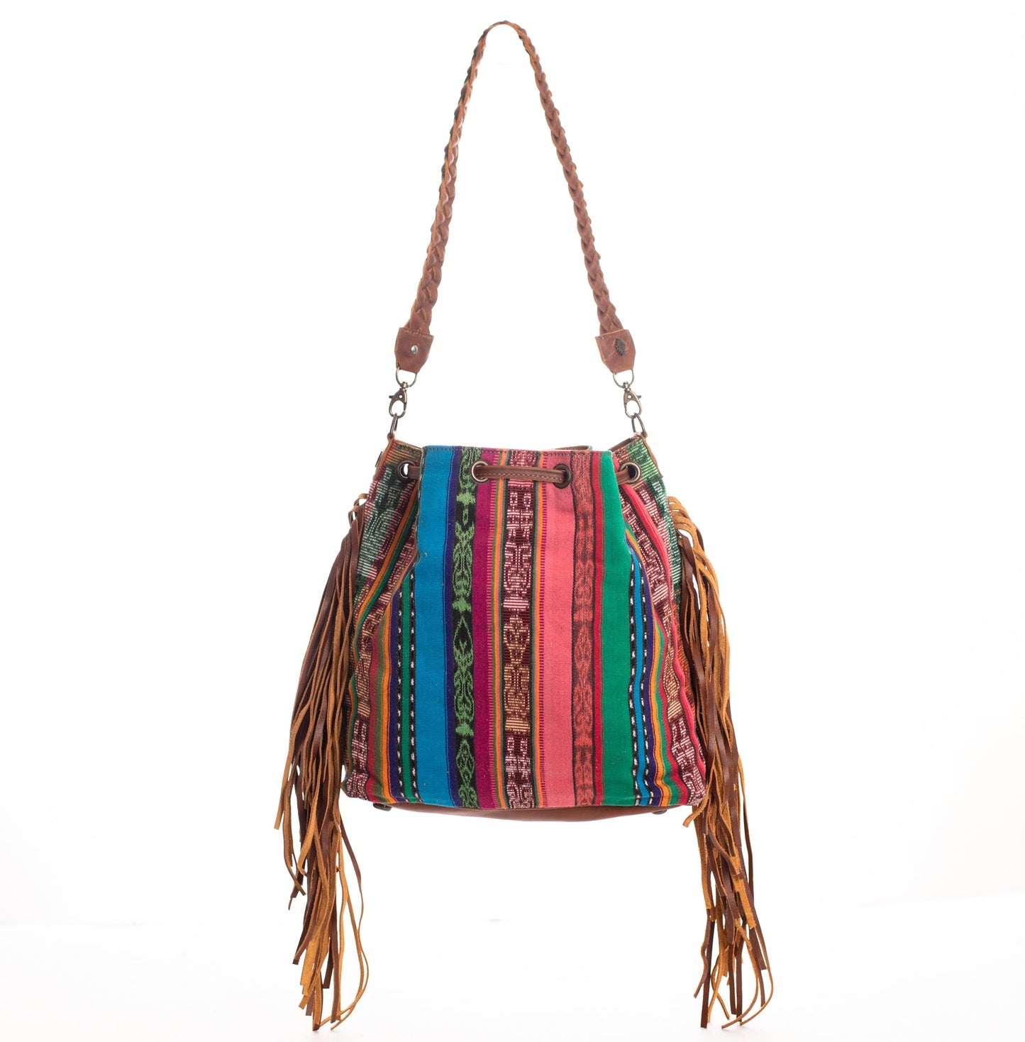 DRAWSTRING BUCKET BAG WITH FRINGE - CORTE DE PLAYA - CAFE - NO. 28083