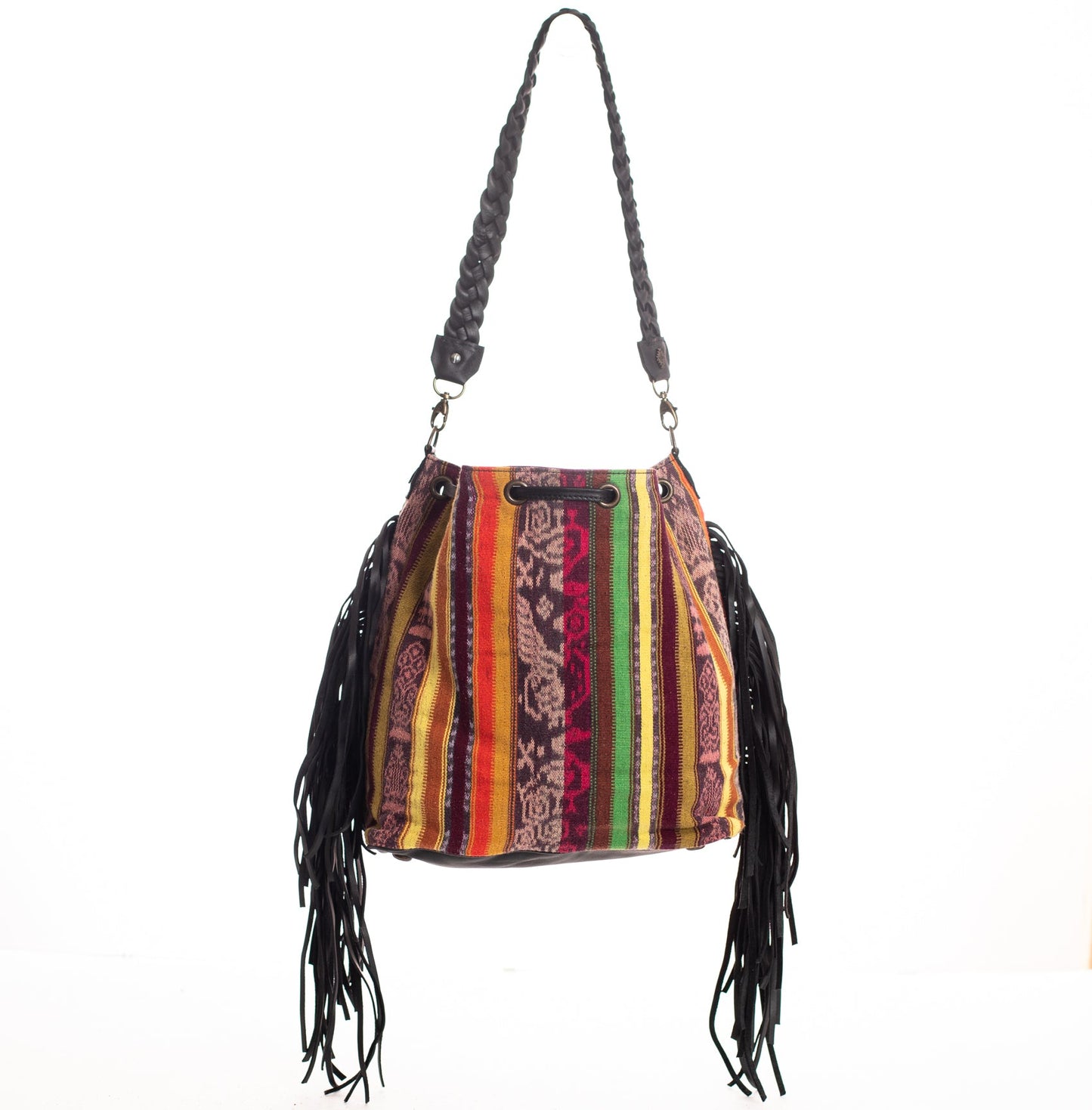 DRAWSTRING BUCKET BAG WITH FRINGE - CORTE DE PLAYA - BLACK - NO. 28090
