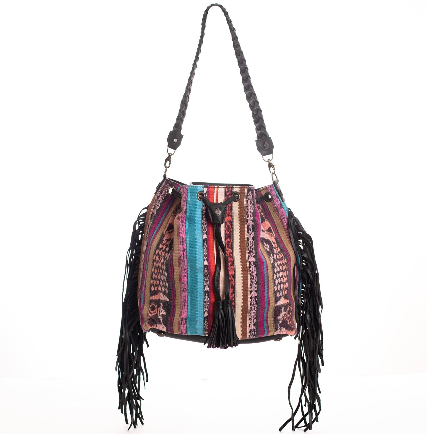 DRAWSTRING BUCKET BAG WITH FRINGE - OOAK CORTE DE PLAYA - BLACK - NO. 28093