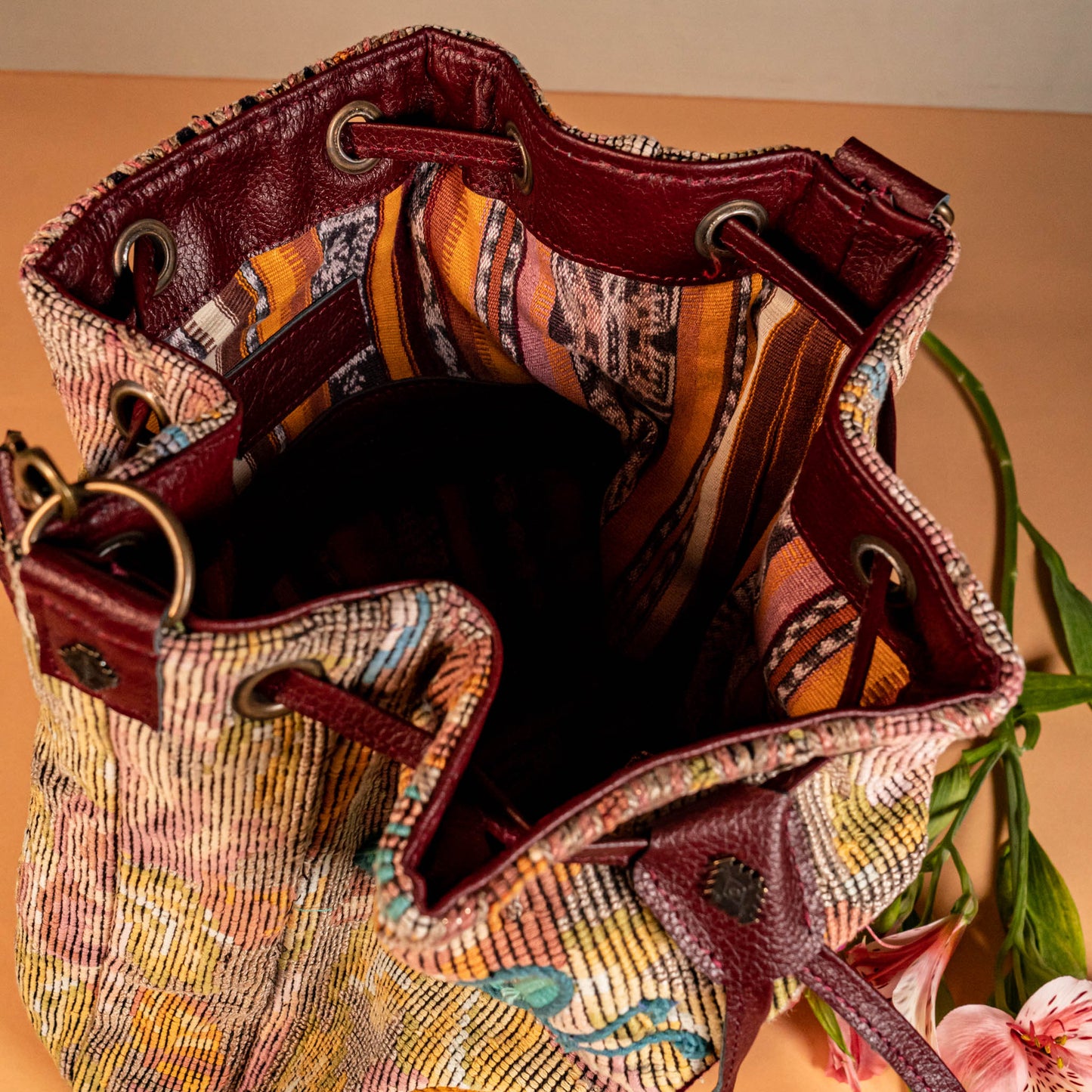 DRAWSTRING BUCKET BAG - OOAK HUIPIL - AMARANTH - NO. 16056
