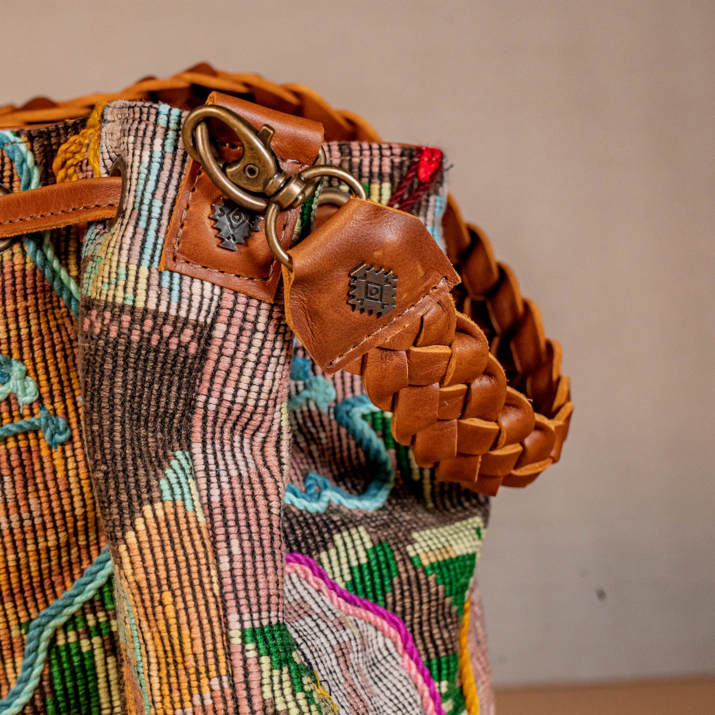 DRAWSTRING BUCKET BAG - OOAK HUIPIL - CAFE - NO. 16053