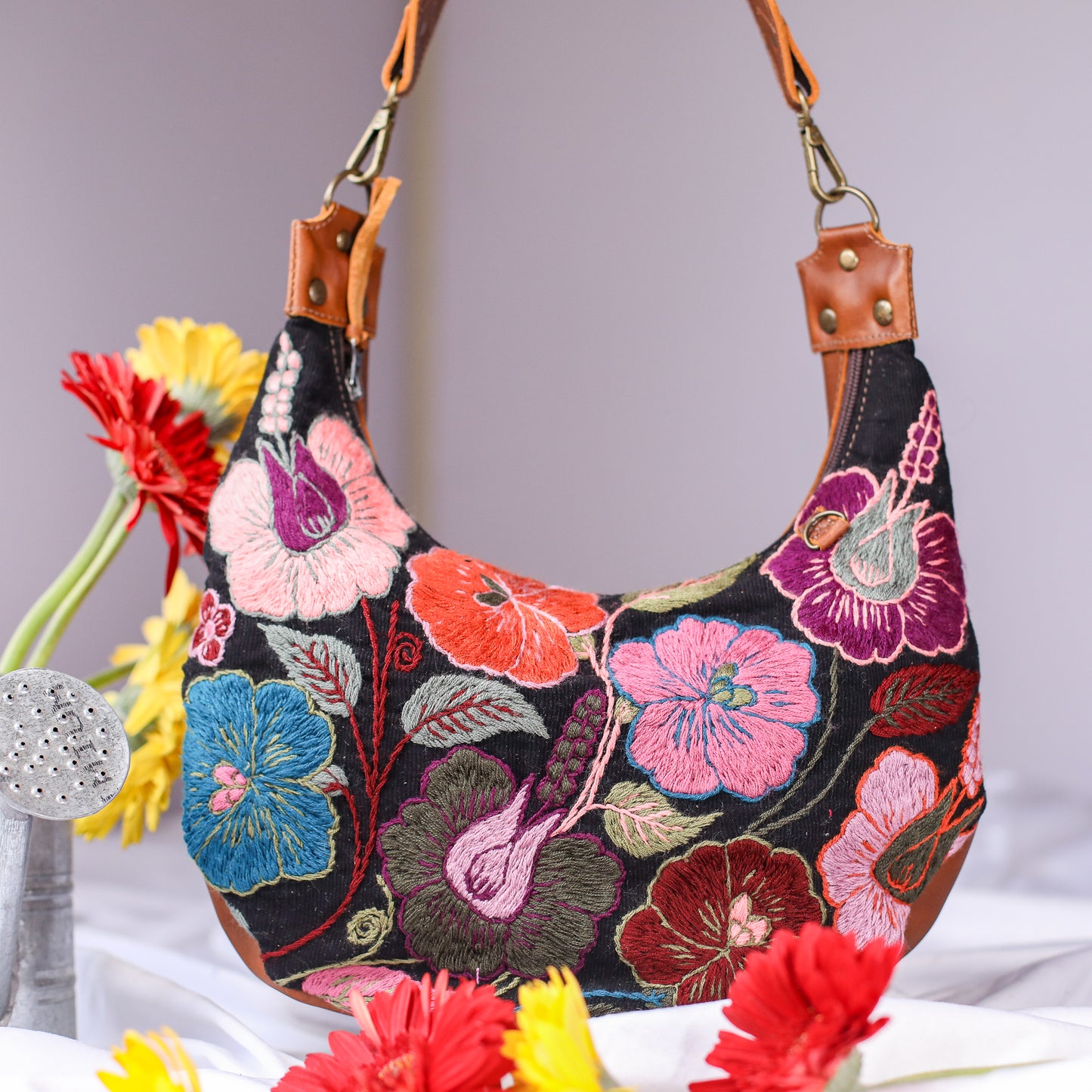 BOHO SADDLE BAG - H&S EMBROIDERED FLORAL - CAFE - NO. 200563