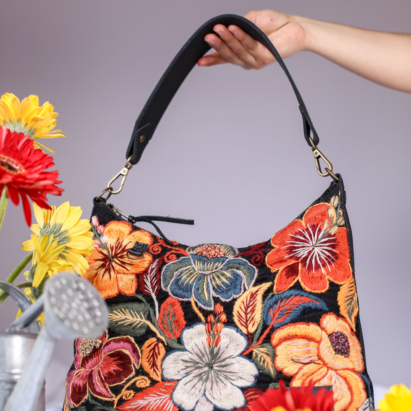 SMALL PENELOPE BAG - H&S EMBROIDERED FLORAL - BLACK - NO. 200694
