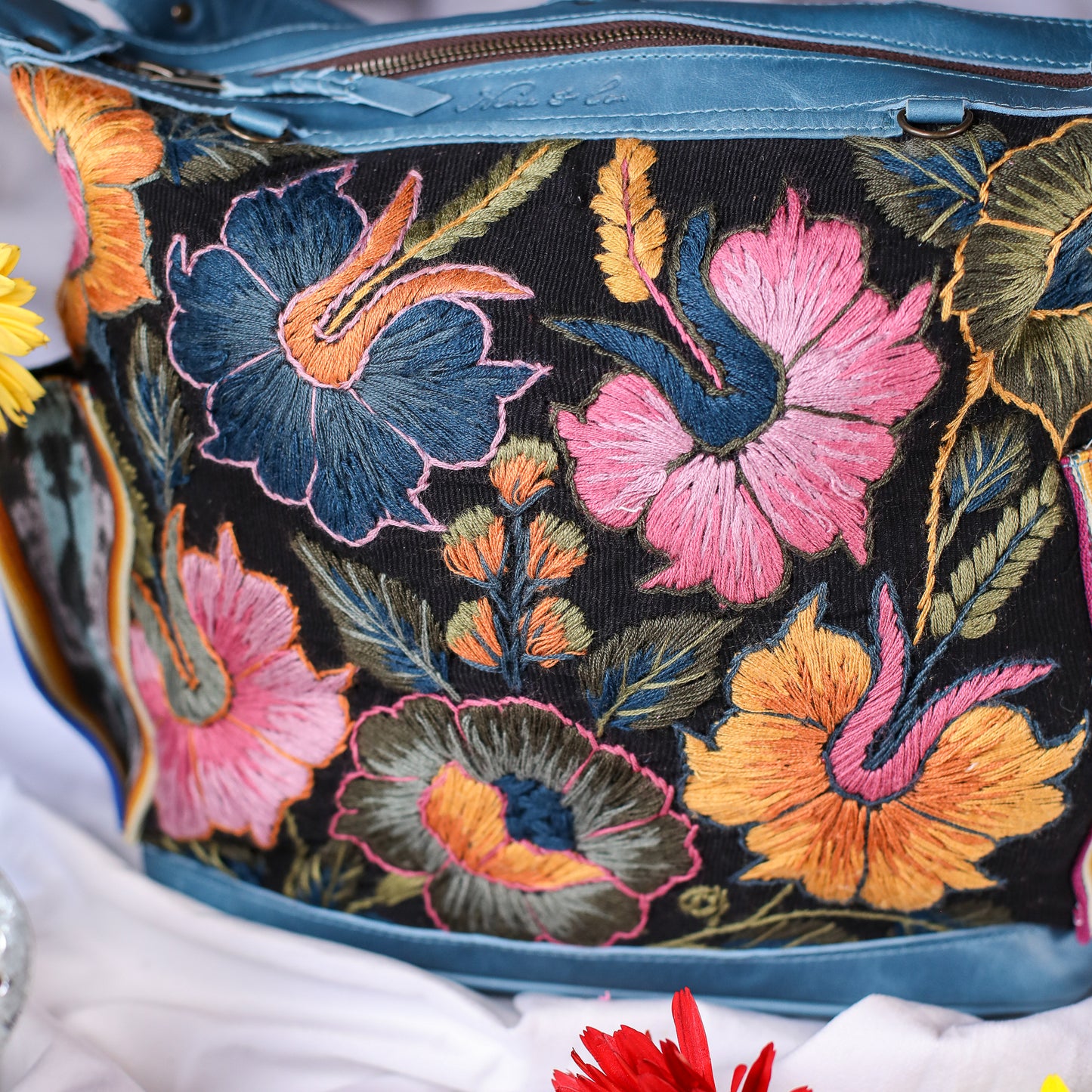 BEATRIZ MCDB + DIAMANTE STRAP - H&S EMBROIDERED FLORAL - CERULEAN - NO. 200553