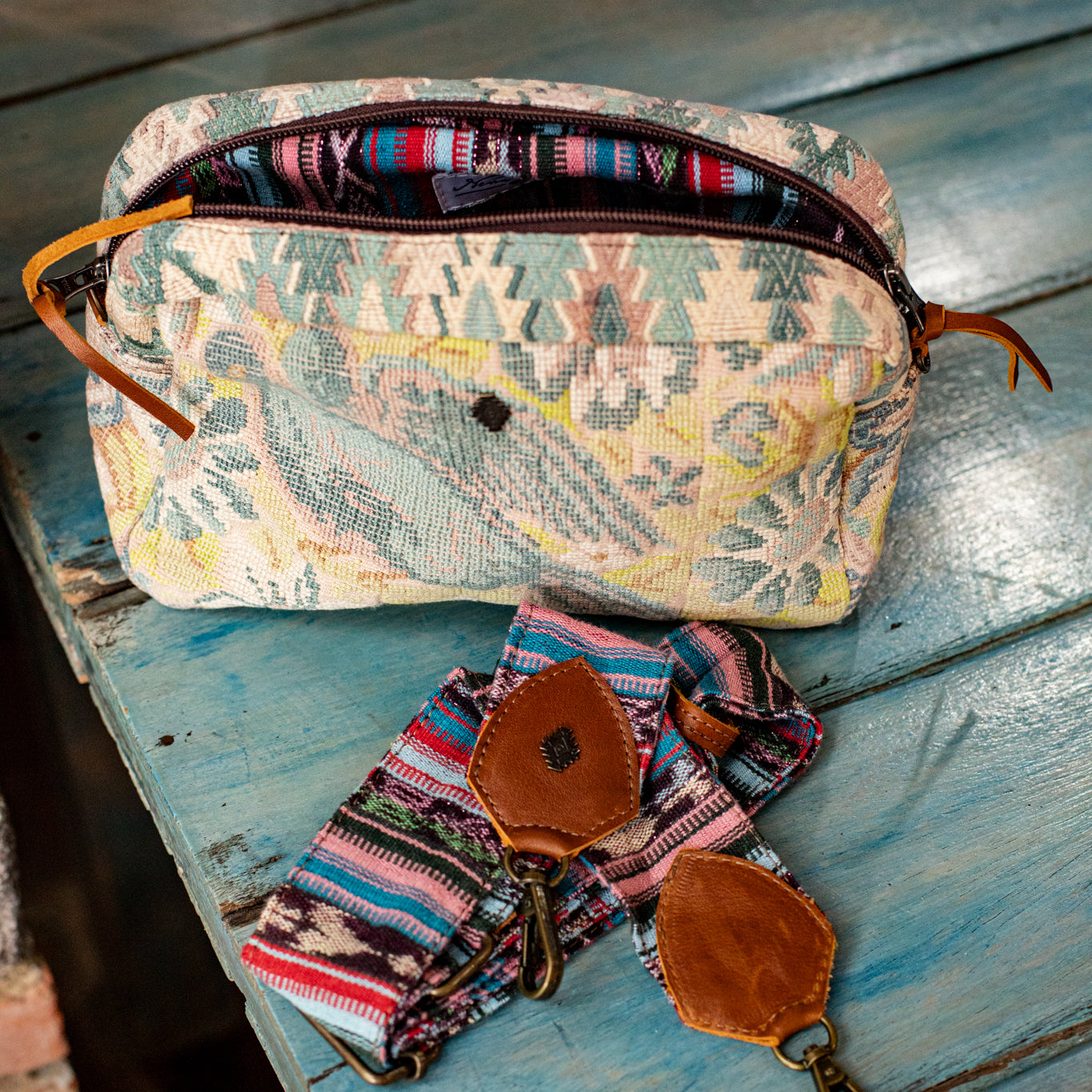 LARGE WANDER BAG + STRAP SET - OOAK HUIPIL - CAFE - NO. 16774