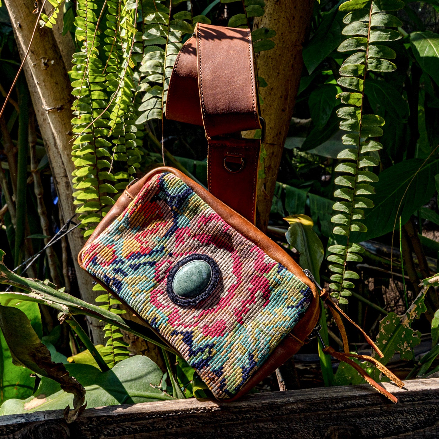 WANDER CROSSBODY BAG + STRAP SET - OOAK HUIPIL WITH JADE - CAFE - NO. 15553