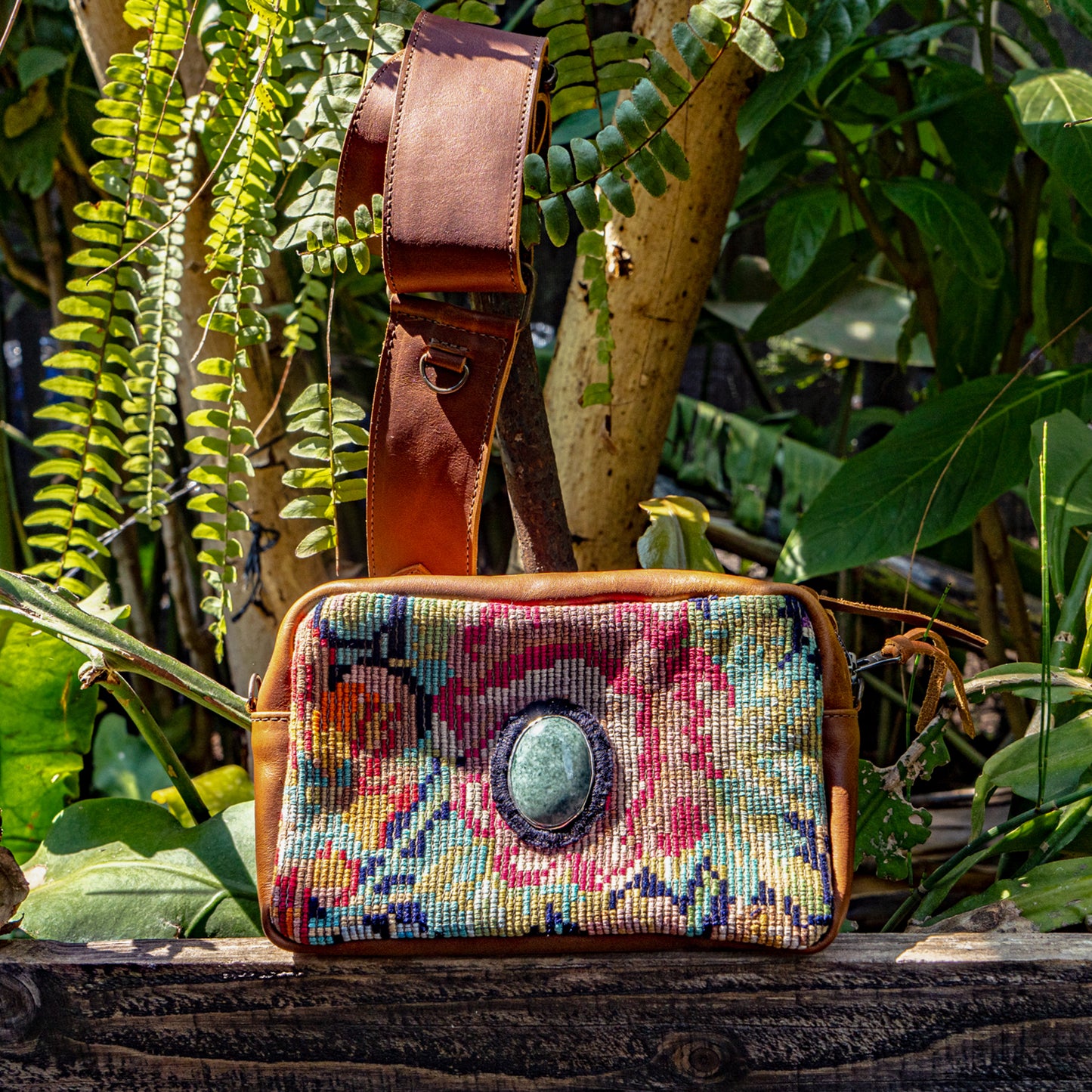 WANDER CROSSBODY BAG + STRAP SET - OOAK HUIPIL WITH JADE - CAFE - NO. 15553