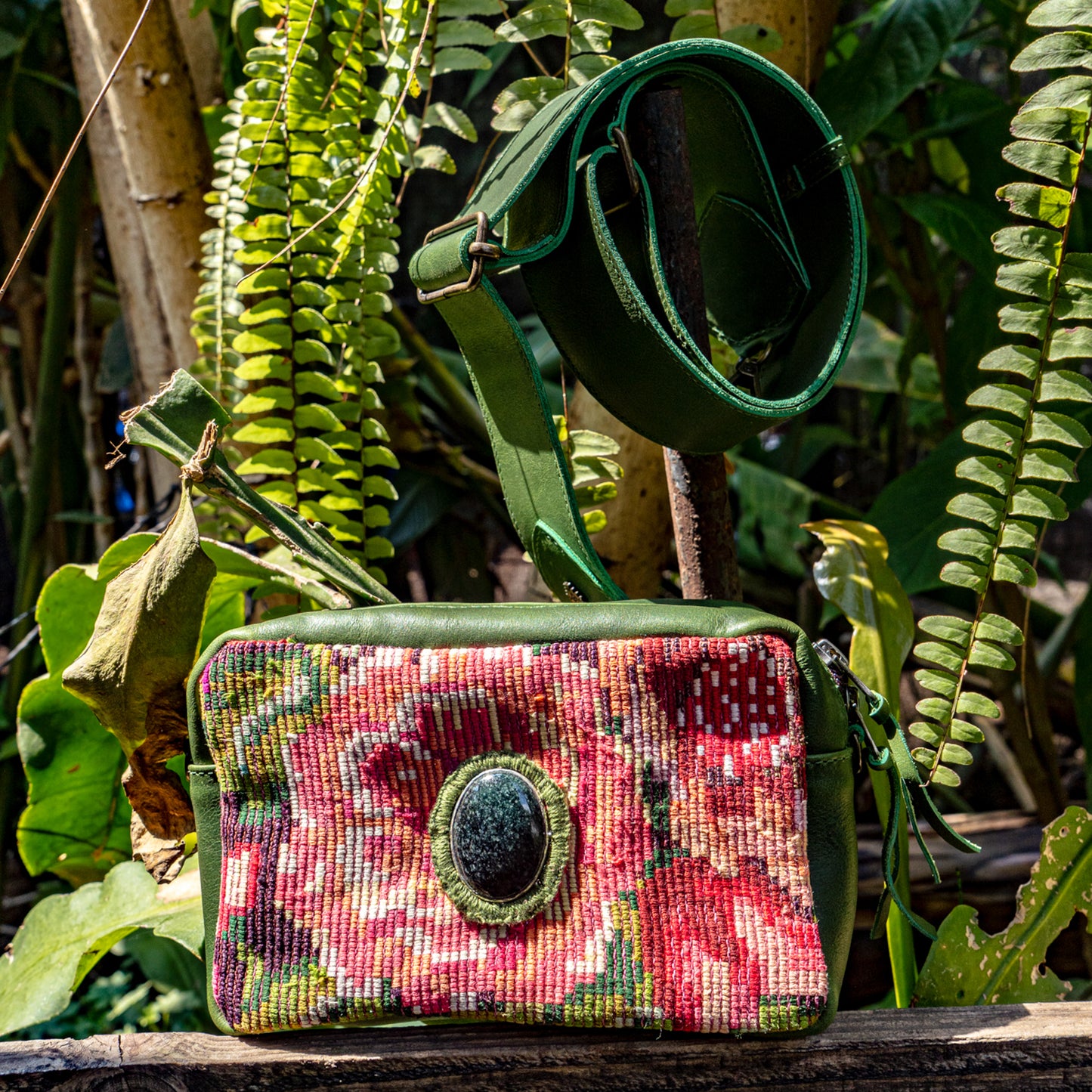WANDER CROSSBODY BAG + STRAP SET - OOAK HUIPIL WITH JADE - EMERALD - NO. 15551
