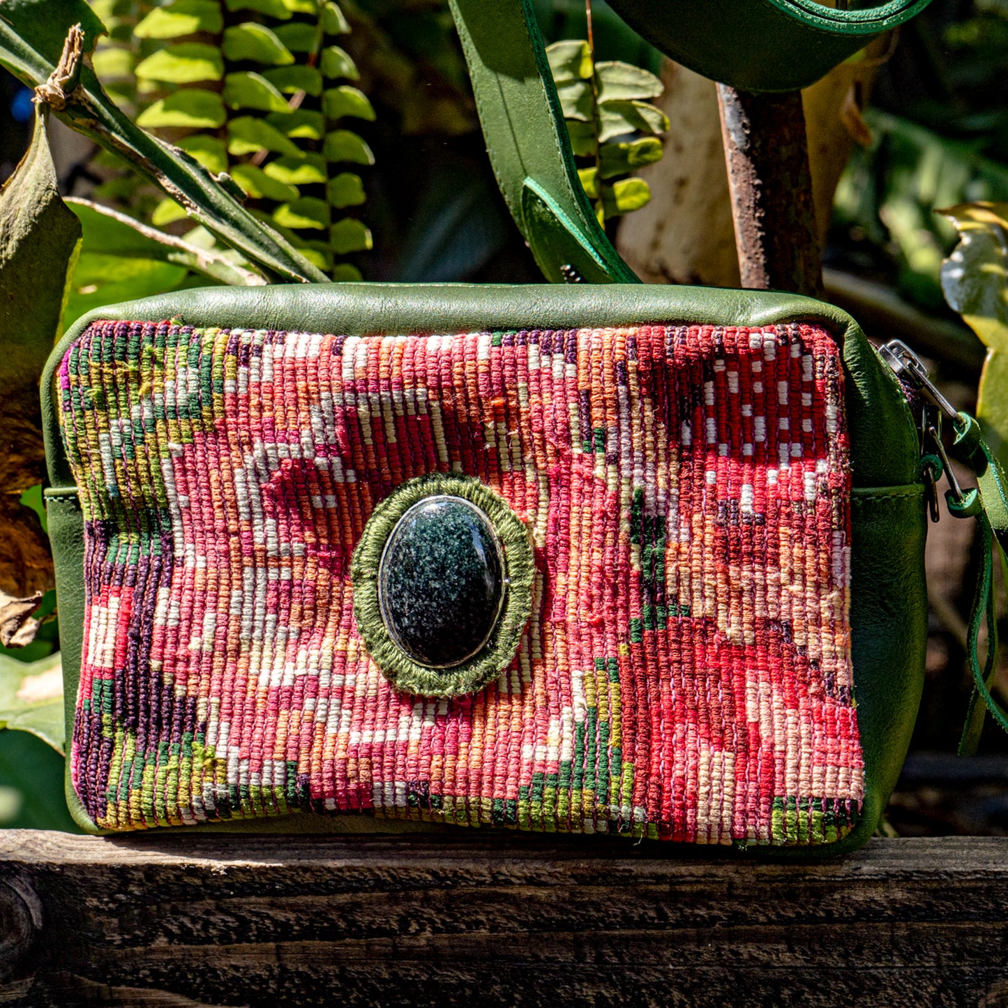 WANDER CROSSBODY BAG + STRAP SET - OOAK HUIPIL WITH JADE - EMERALD - NO. 15551
